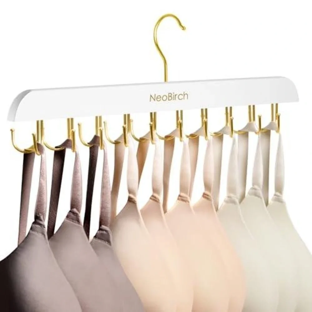 NeoBirch White Wooden Bra Hanger Organizer with 12 Gold Hooks Space‎ Saving